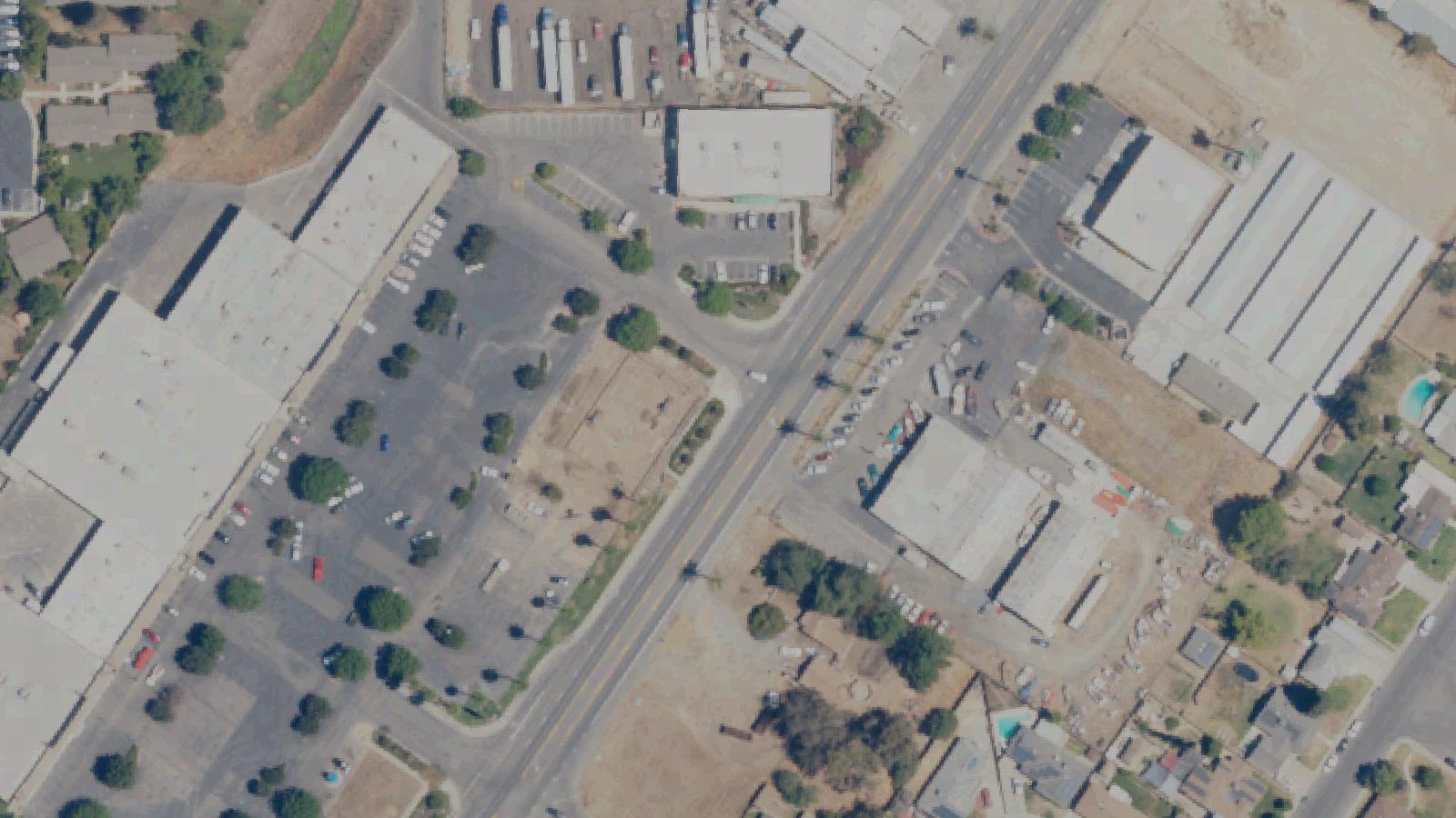 Aerial survey view of The Old Chowchilla Save Mart ('America's Most Haunted Grocery Store')