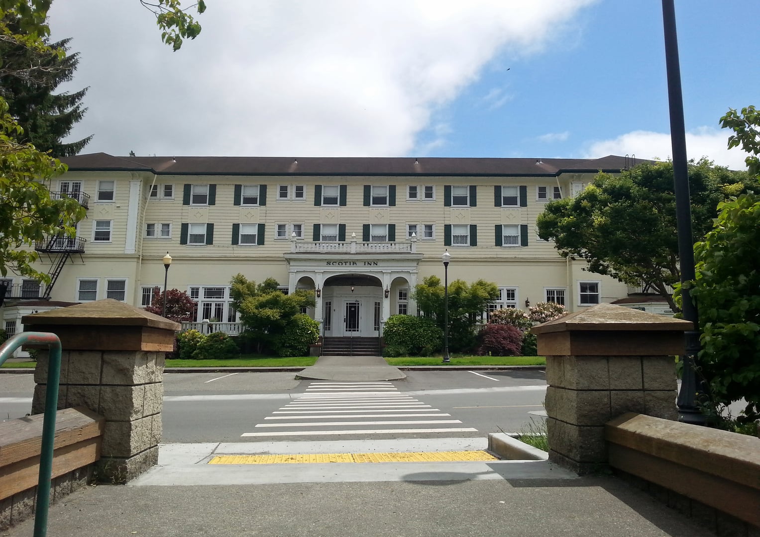 Exterior view of the historic Scotia Inn (Scotia Lodge) in the Pacific Lumber Company town of Scotia, California