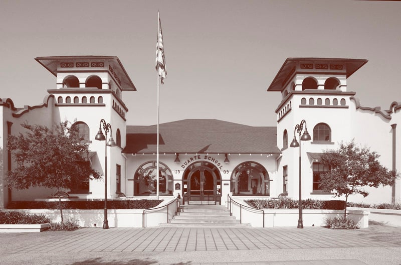 The Old Spaghetti Factory exterior at 1431 Buena Vista Street, Duarte — 1909 former schoolhouse converted to restaurant in 1993