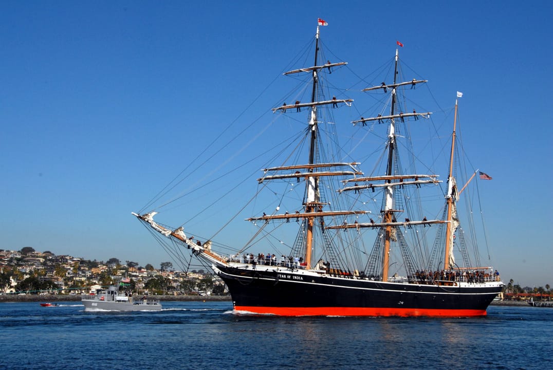 The Star of India underway on San Diego Bay during her 150th-anniversary commemorative sail, November 11, 2013.