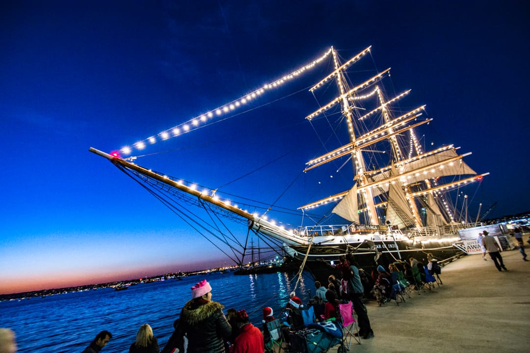The Star of India strung with lights at dusk during the San Diego Bay Parade of Lights, December 2017.