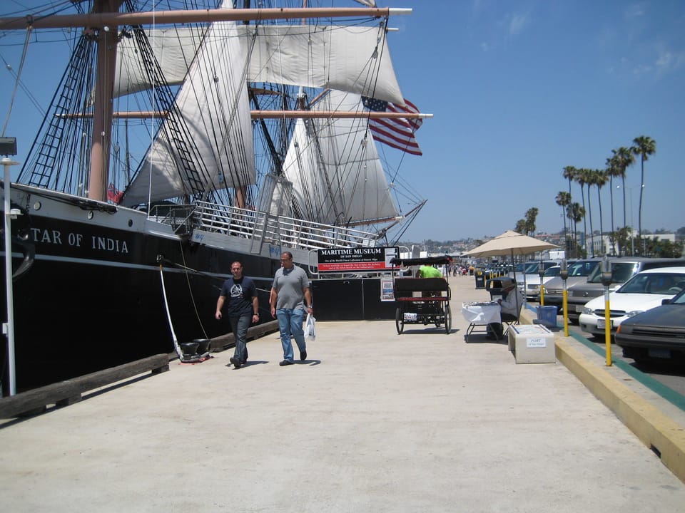 The Star of India at her berth at the Maritime Museum of San Diego, broadside view with the hull nameboard reading "...OF INDIA" visible, 2009.