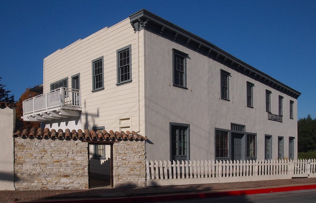 Exterior of the Robert Louis Stevenson House, a two-story Spanish Colonial adobe at 530 Houston Street in Monterey, California