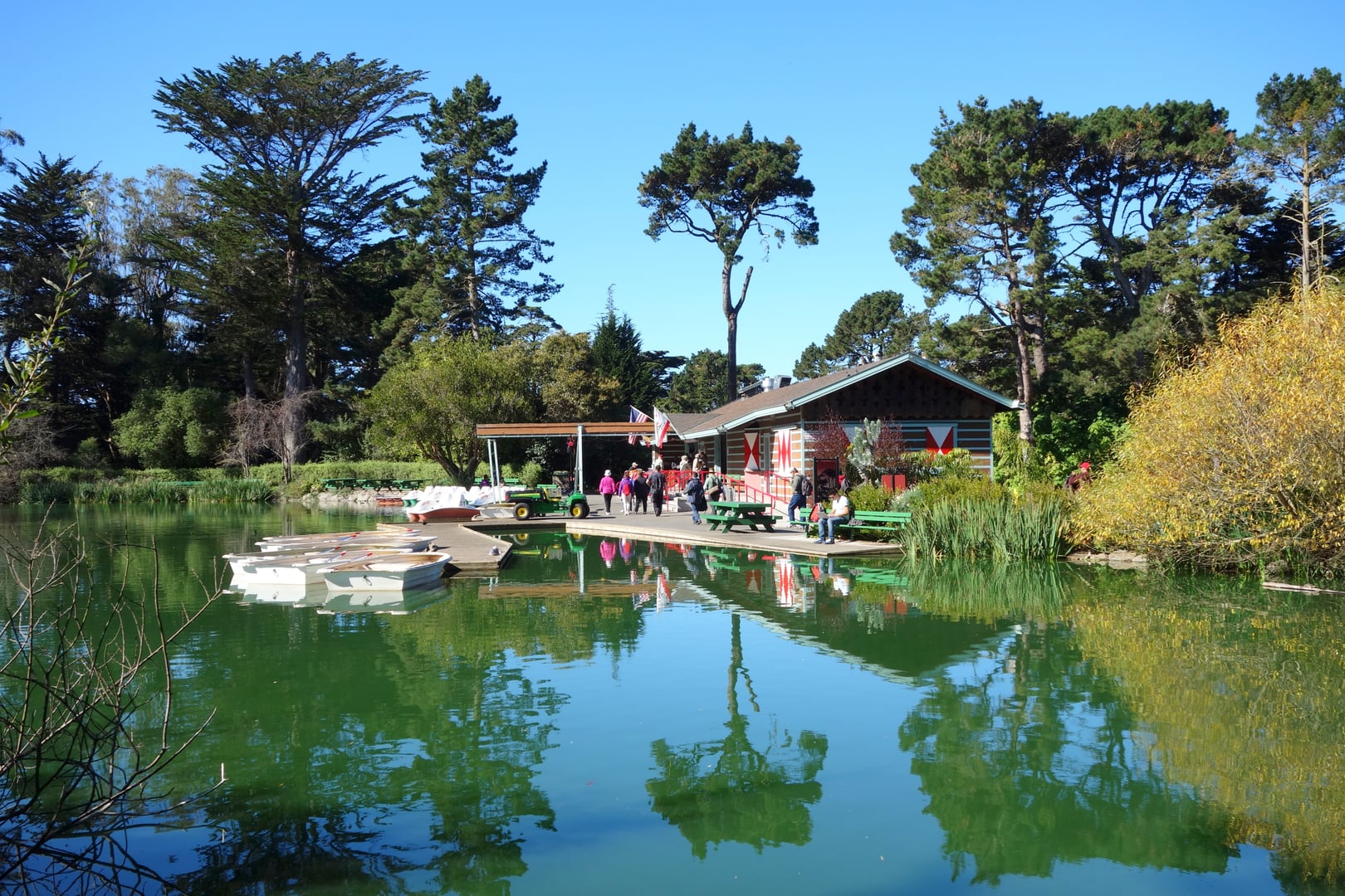 Stow Lake boathouse and calm water surface, Golden Gate Park, San Francisco, November 2013