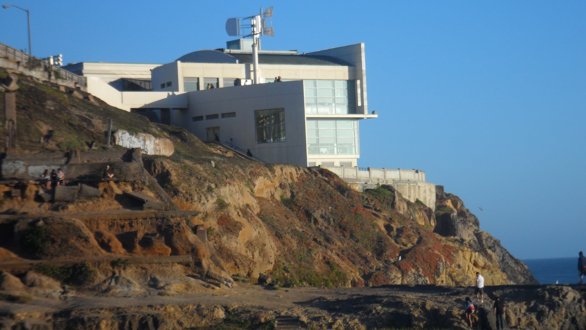 Concrete foundation ruins of the Sutro Baths at Lands End, San Francisco, with the Pacific Ocean beyond