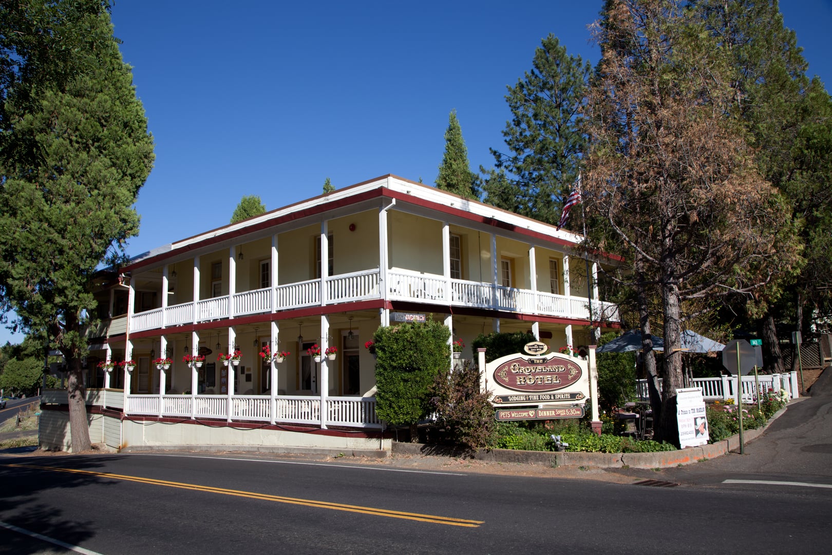 The two-story 1849 Groveland Hotel with wraparound porch on Main Street, Groveland, California