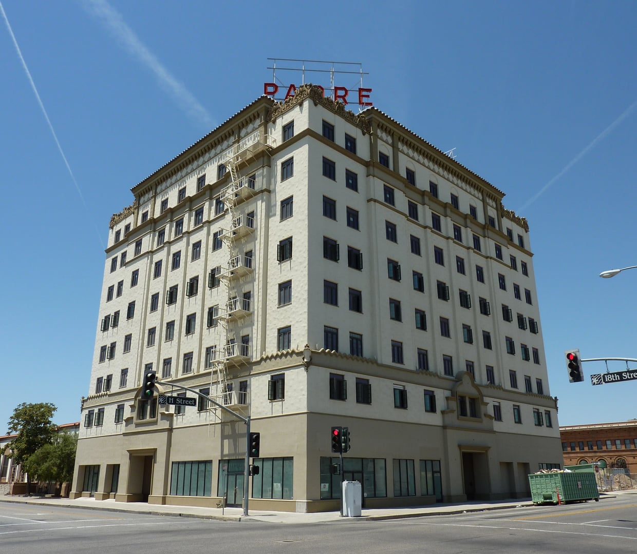 Eight-story Spanish Revival Padre Hotel landmark in downtown Bakersfield, California