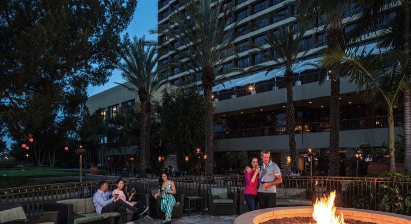 Pacific Palms Resort outdoor firepit and lounge area in City of Industry — former Sheraton Industry Hills, 650-acre golf and conference resort