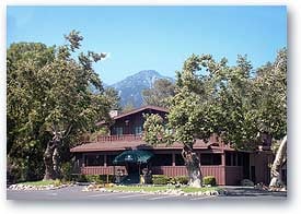 The Sycamore Inn's 1920 wood-and-stone exterior on Historic Route 66 in Rancho Cucamonga, California, surrounded by mature sycamore trees with mountains visible in the background