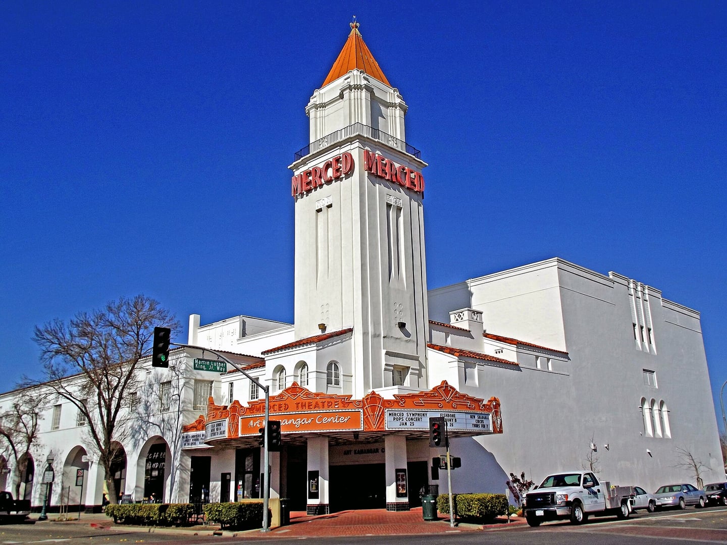 The 1931 Merced Theatre on Main Street in Merced, California, showing the Spanish Colonial Revival facade and iconic 100-foot Art Deco tower