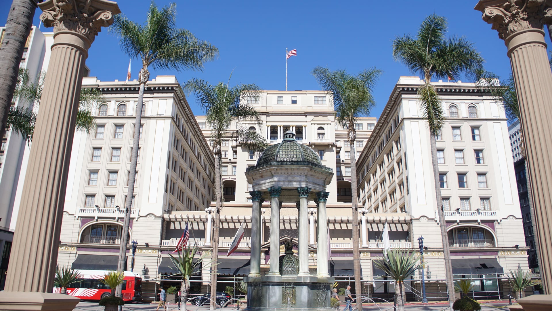 The U.S. Grant Hotel historic facade with main entrance fountain, downtown San Diego, California