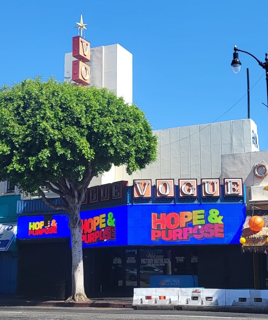 The 1935 Vogue Theatre facade at 6675 Hollywood Boulevard, S. Charles Lee's Streamline Moderne movie palace in Los Angeles, California
