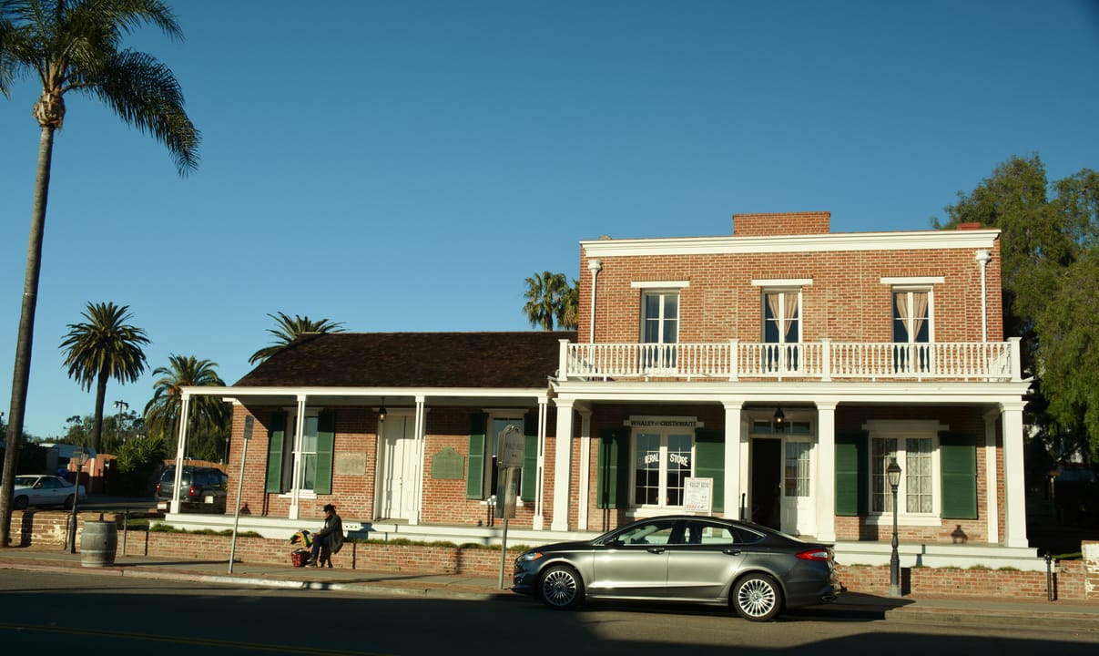 Greek Revival brick Whaley House Museum exterior in Old Town San Diego California