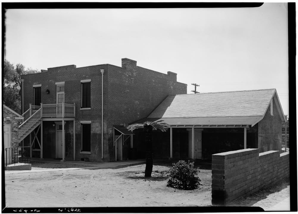 The rear (northwest corner) elevation of the Whaley House, 2482 San Diego Avenue, in a 1960 Historic American Buildings Survey photograph by Jack E. Boucher.