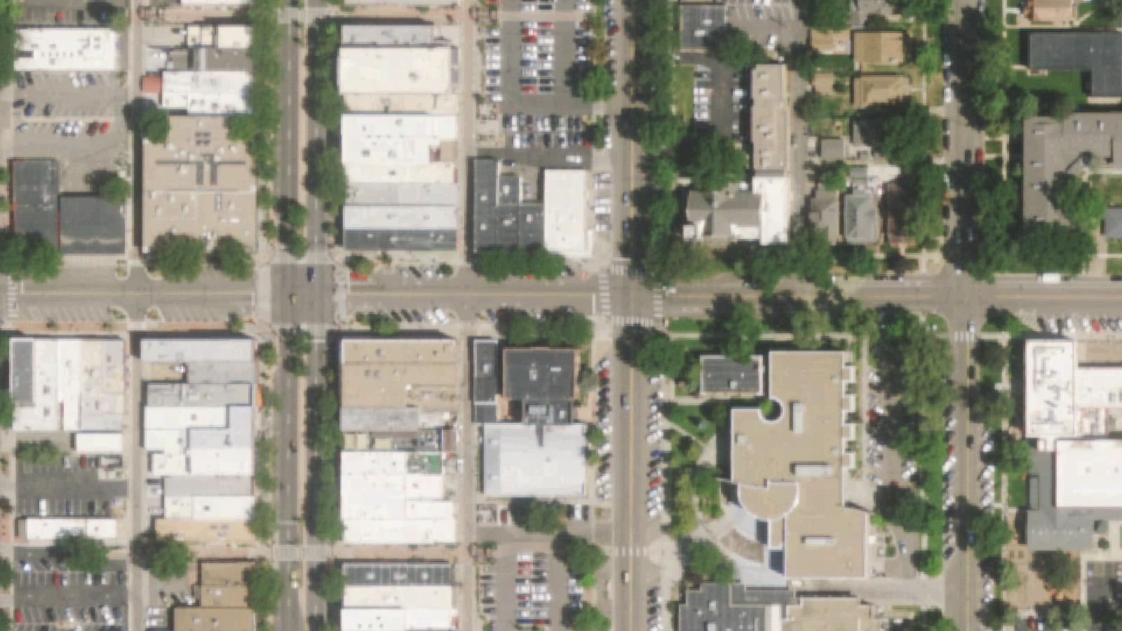 Aerial survey view of Ed Jones Building (former Milo G. Rice Undertaking)