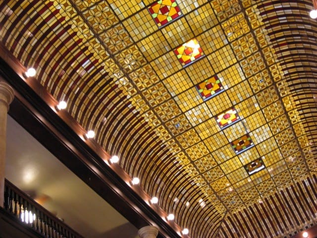 The stained-glass skylight ceiling over the Hotel Boulderado's historic lobby atrium.