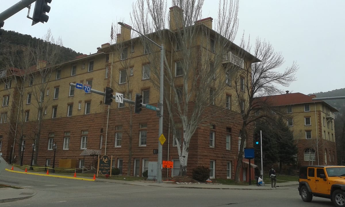 The Hotel Colorado's southwest corner from the street, Glenwood Springs, 2016.
