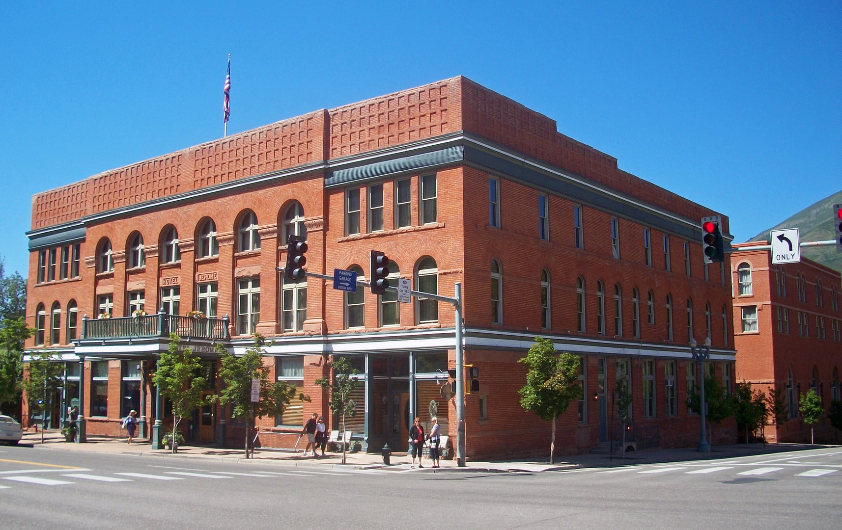 The brick facade of Hotel Jerome on East Main Street in Aspen, Colorado, photographed August 2010