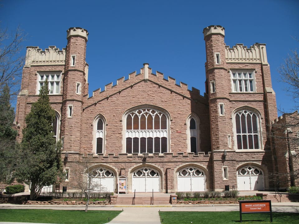 Macky Auditorium historic stone building at University of Colorado Boulder campus