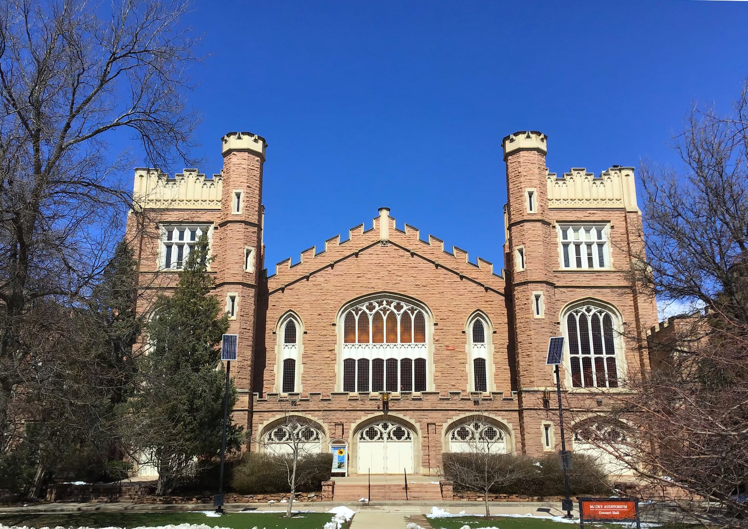 Macky Auditorium historic stone building at University of Colorado Boulder campus