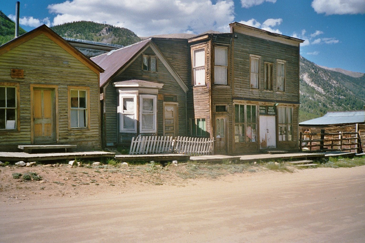Historic wood buildings along Main Street in St. Elmo, an 1880 silver and gold mining ghost town in the Sawatch Range of central Colorado