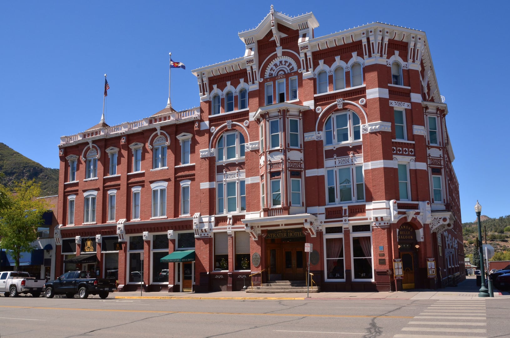 The four-story Victorian facade of the Historic Strater Hotel on Main Avenue in Durango, Colorado