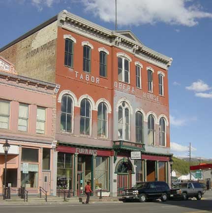 Brick facade of the Tabor Opera House on Harrison Avenue in Leadville, Colorado