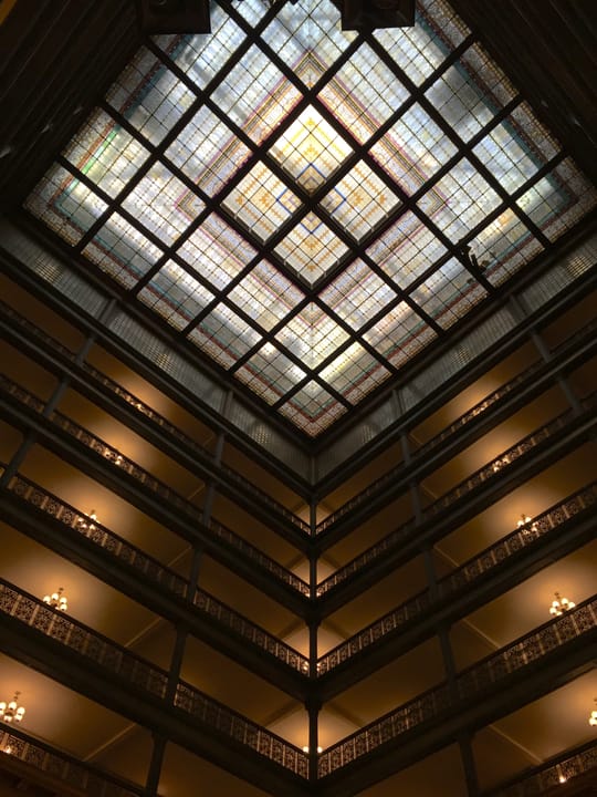 The stained-glass skylight over the Brown Palace Hotel's eight-story atrium, Denver.