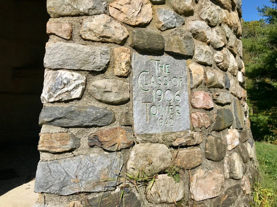 "Class of 1906 Tower 1942" cornerstone.
Engraved commemoration on Connecticut's Camp Columbia State Park/Forest Tower, Morris, CT.