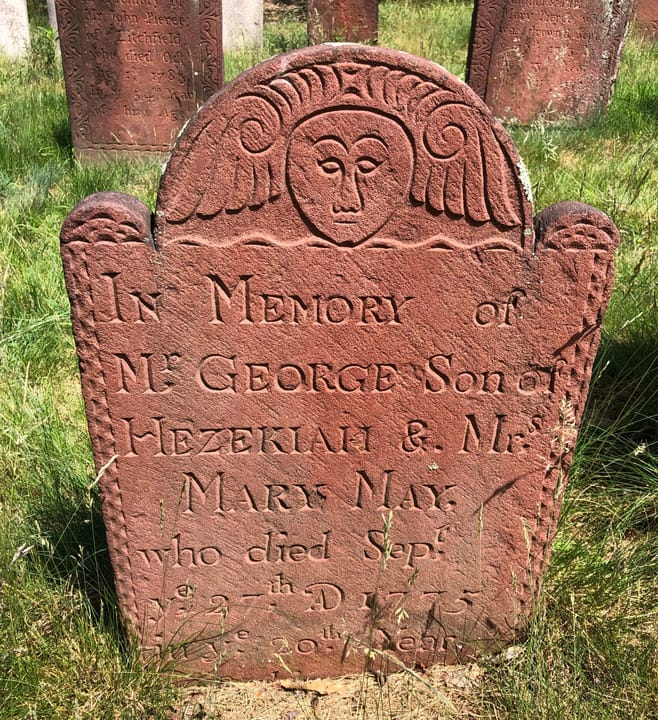 A brownstone marker carved by Peter Buckland of Manchester Connecticut in the Old Wethersfield Village Cemetery.  The material is brownstone from the old Buckland quarry.