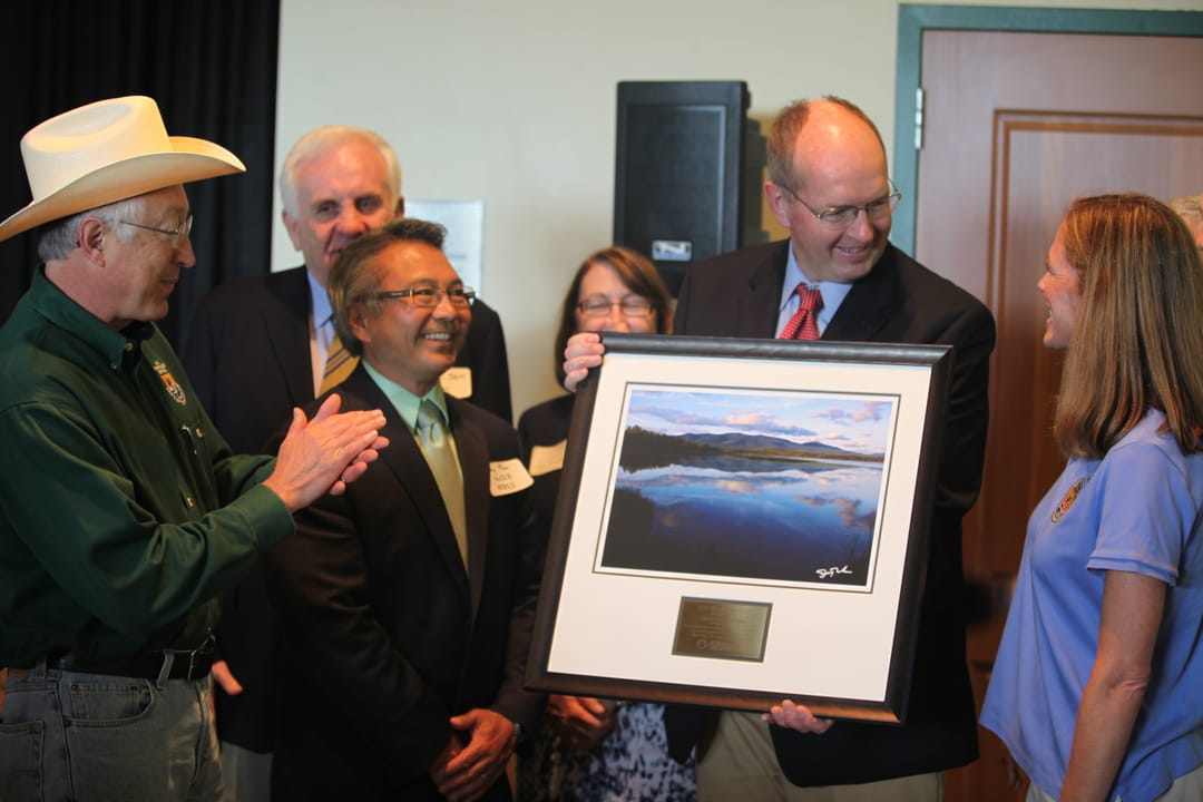 Secretary of the Interior Ken Salazar presents the 2012 National Wildlife Refuge Volunteer of the Year Award to David Govatski, a volunteer at the Silvio O. Conte National Fish &amp; Wildlife Refuge. 


Credit: USFWS