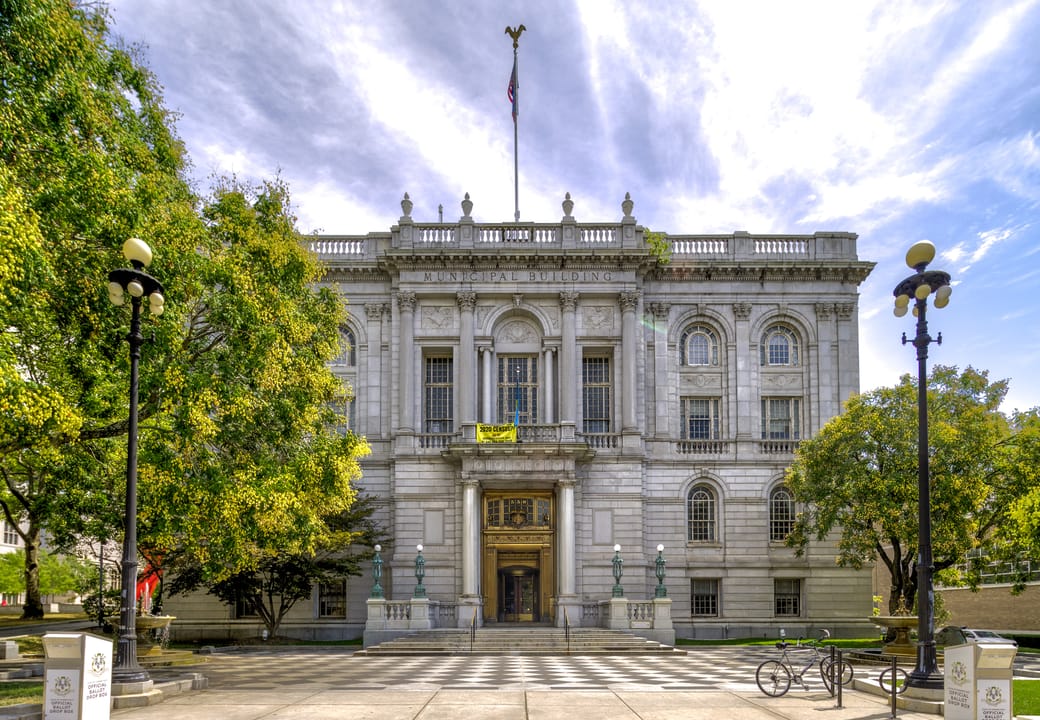 Beaux-Arts granite facade of the Hartford Municipal Building (Hartford City Hall) at 550 Main Street, Connecticut's most ornate Beaux-Arts civic building