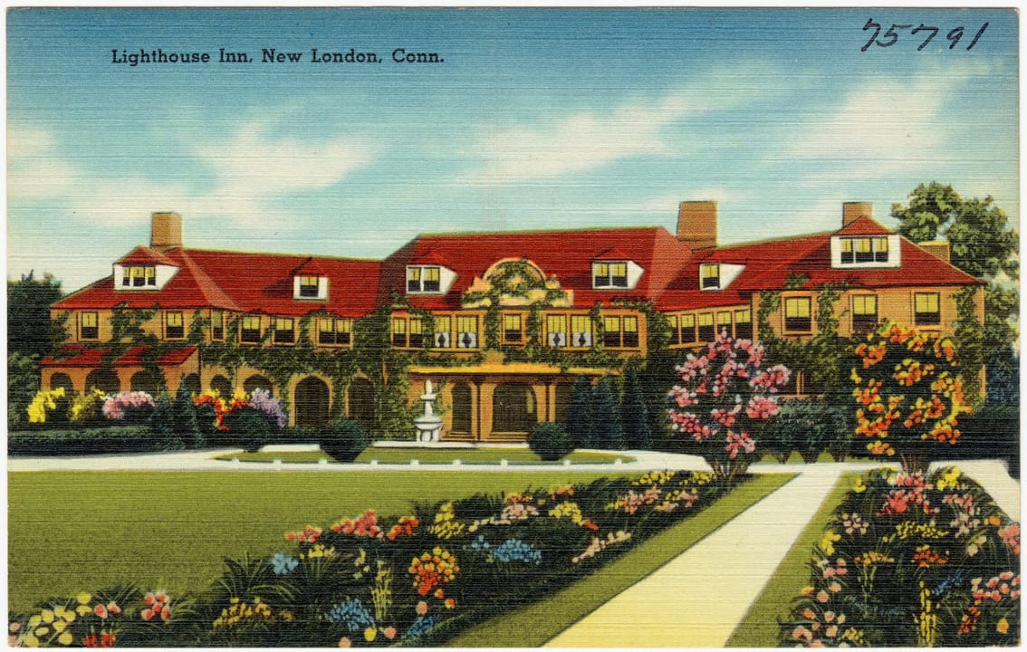 The Mission-style Lighthouse Inn, formerly the 1902 Meadow Court mansion, at 6 Guthrie Place in New London, Connecticut