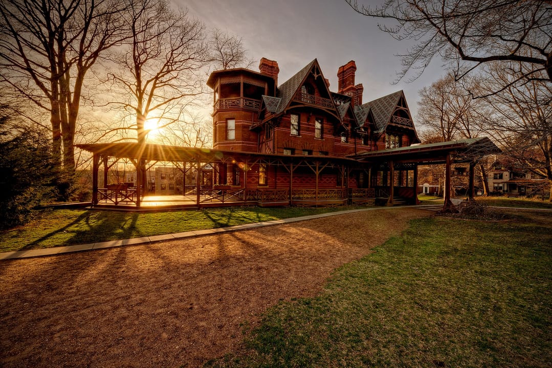 South view of the 1874 Gothic Revival Mark Twain House at 351 Farmington Avenue in Hartford, Connecticut, designed by Edward Tuckerman Potter.