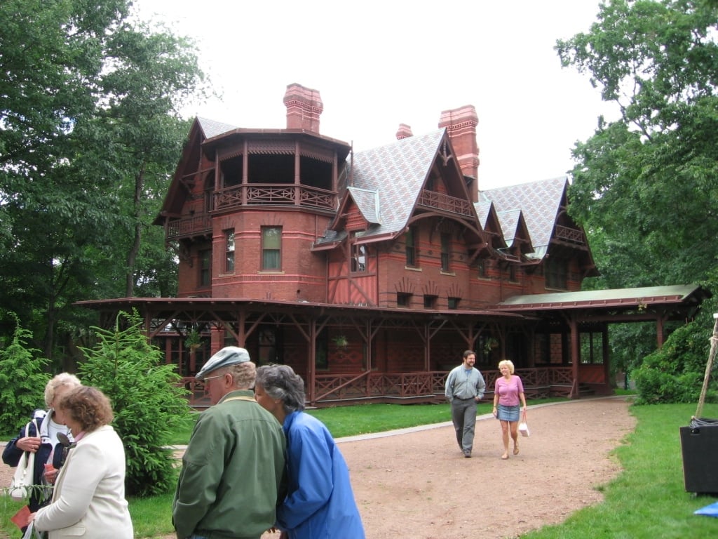 South view of the 1874 Gothic Revival Mark Twain House at 351 Farmington Avenue in Hartford, Connecticut, designed by Edward Tuckerman Potter.