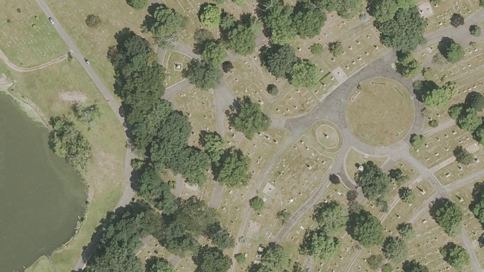 Aerial survey view of Evergreen Cemetery (Midnight Mary's Grave)