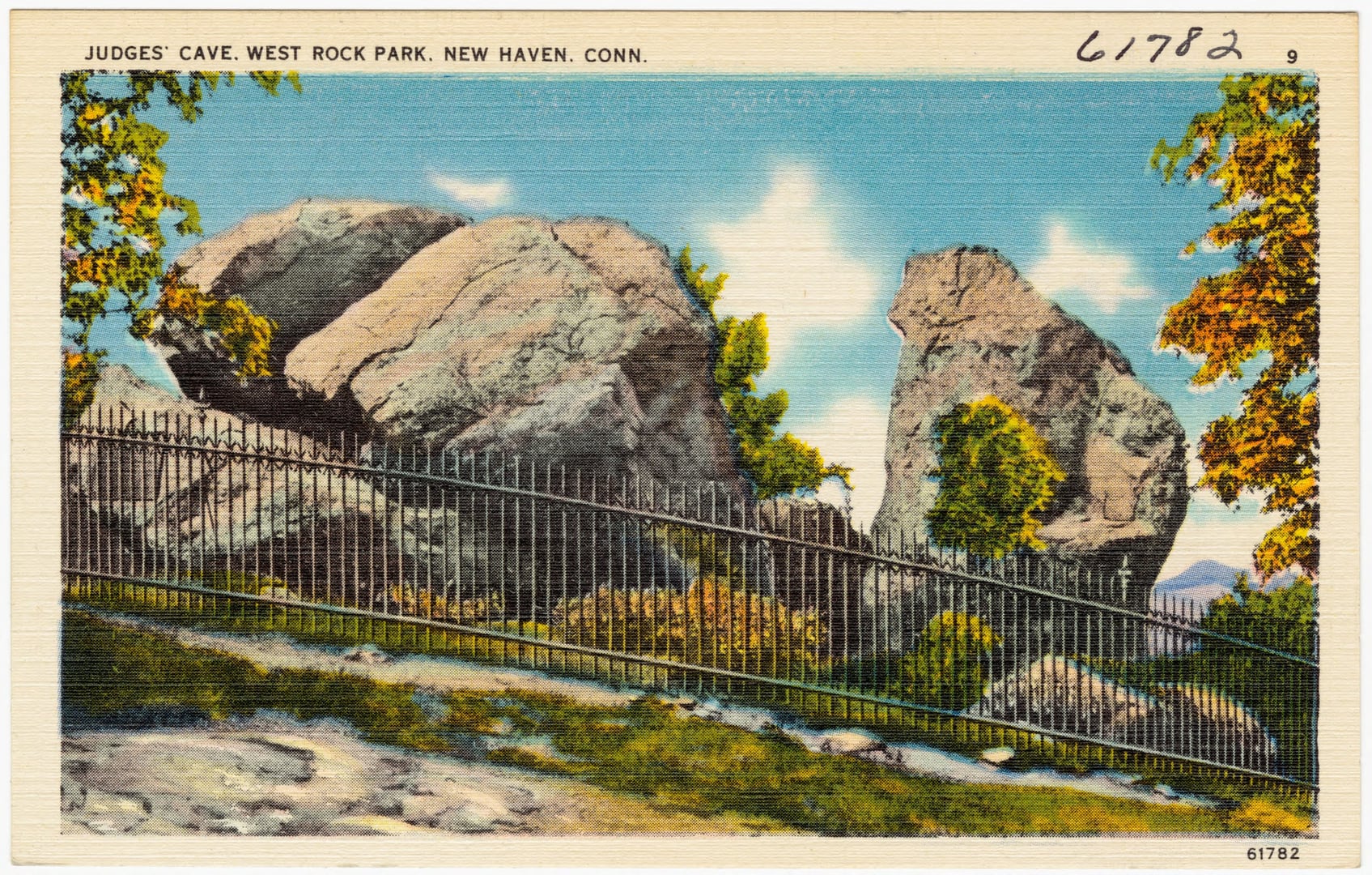 Vintage Tichnor Brothers linen postcard of Judges' Cave at West Rock Park in New Haven, Connecticut, where the regicides Whalley and Goffe hid in 1661.
