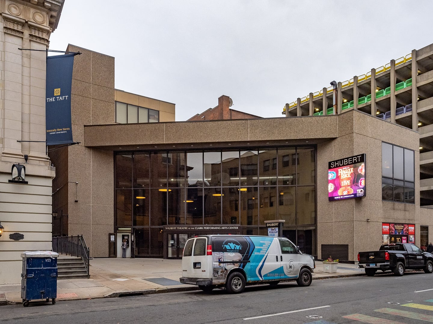 Marquee and brick exterior of the 1914 Shubert Theatre on College Street in downtown New Haven, Connecticut