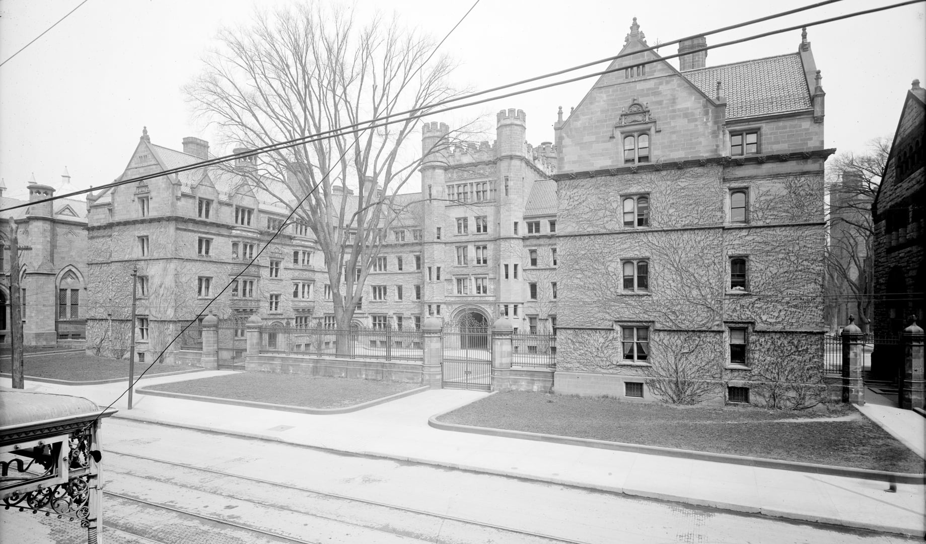 Detroit Publishing Company photochrom of Vanderbilt Hall on Yale University's Old Campus along Chapel Street in New Haven, Connecticut, circa 1900-1915.
