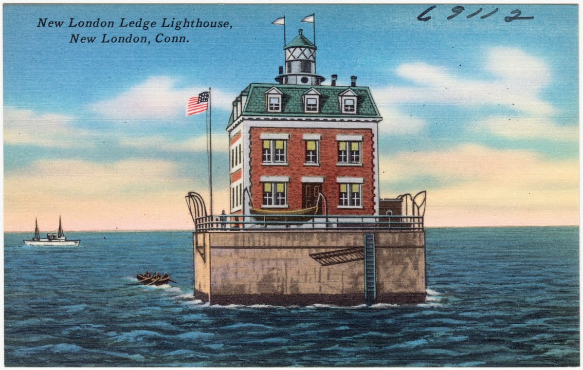 Tichnor Brothers linen-finish postcard titled 'New London Ledge Lighthouse, New London, Conn.', printed in color offset lithography (period linen-postcard process, not colorized or retouched), circa 1930-1945.