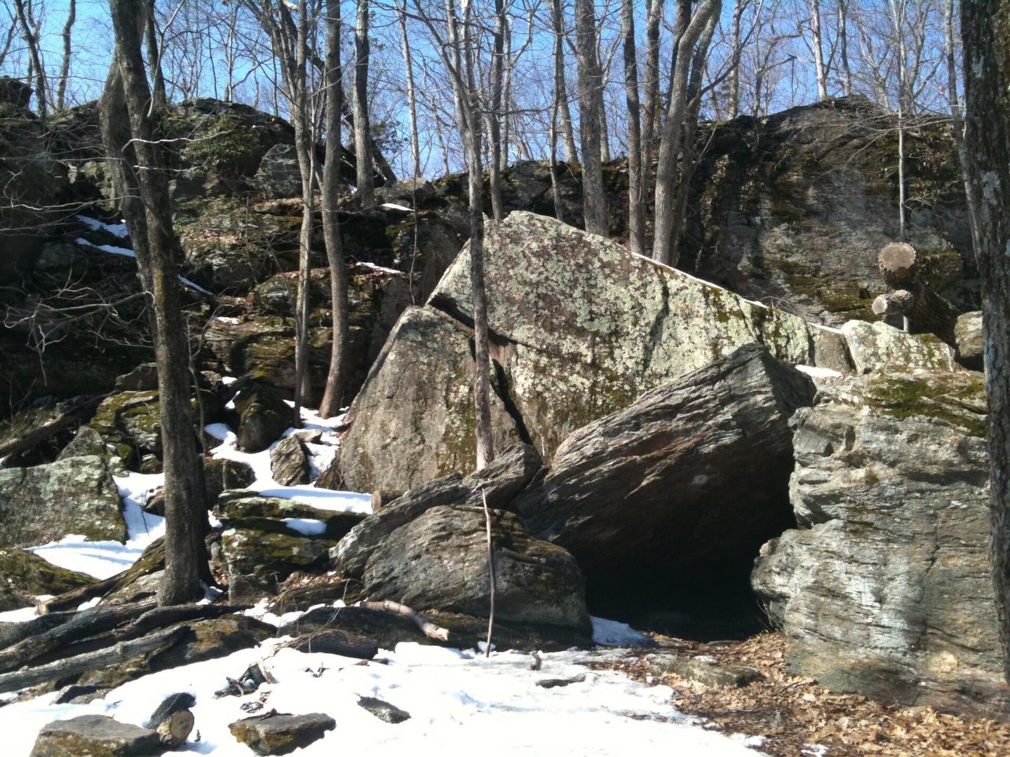 The Loyalist Tory Den rock shelter cave along the Tunxis Trail in Burlington, Connecticut, used as a Revolutionary War hideout