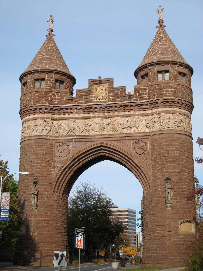 South face of the Soldiers and Sailors Memorial Arch in Bushnell Park, Hartford, Connecticut — the first permanent memorial arch built in America, dedicated September 17, 1886