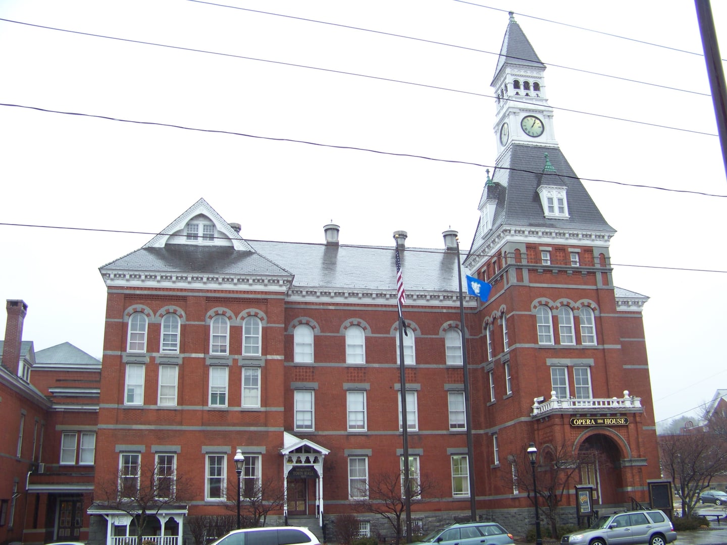 Thomaston Opera House Romanesque brick facade with central clock tower, Thomaston, Connecticut