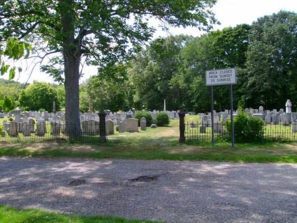 Entrance gate to Union Cemetery in Easton, Connecticut, the colonial burial ground beside the Easton Baptist Church