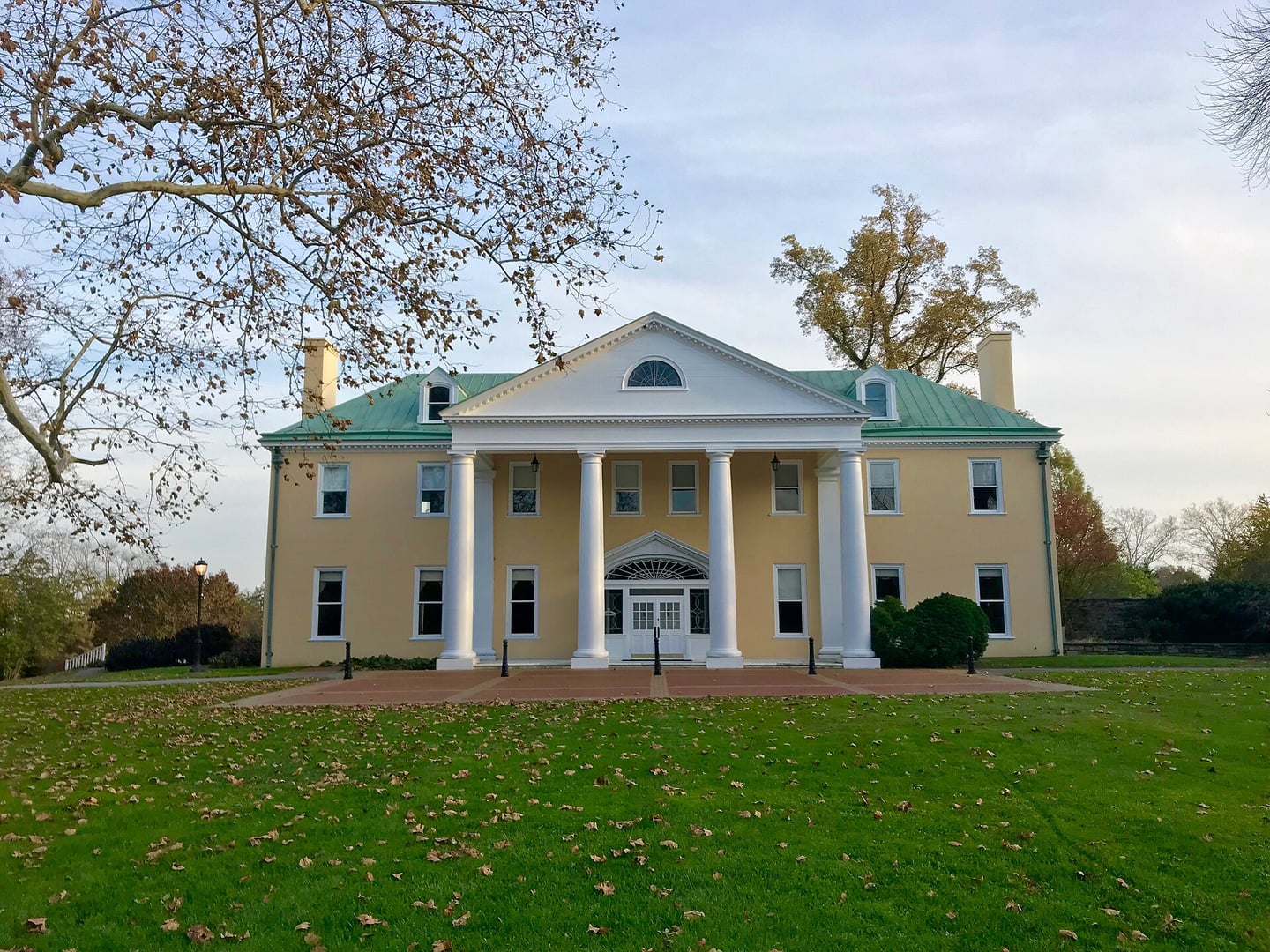 The Neo-Classical portico facade of Bellevue Hall, the William du Pont Jr. estate inside Bellevue State Park in Wilmington, Delaware