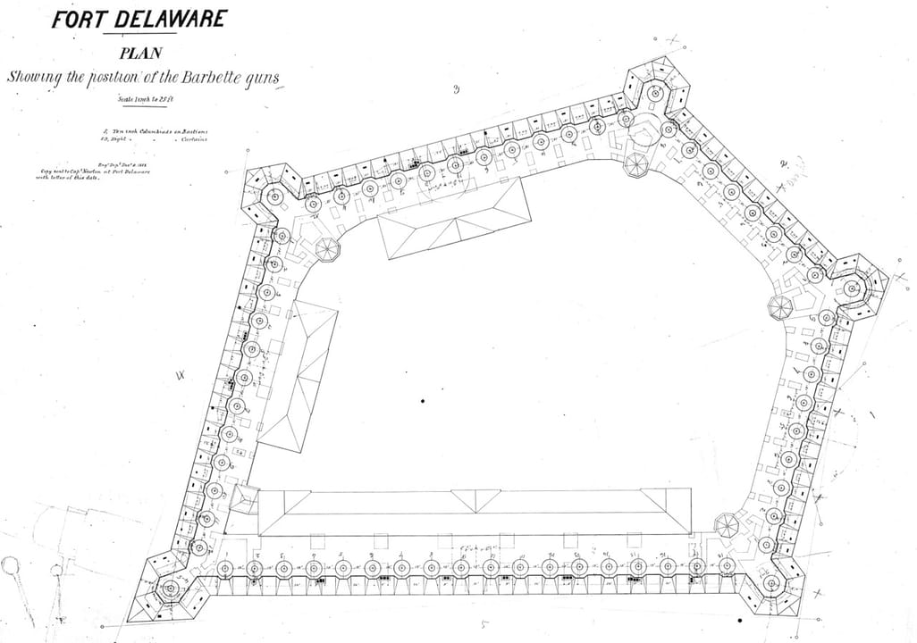 An 1858 U.S. Army Corps of Engineers plan of Fort Delaware showing the placement of its barbette guns around the pentagonal fort.