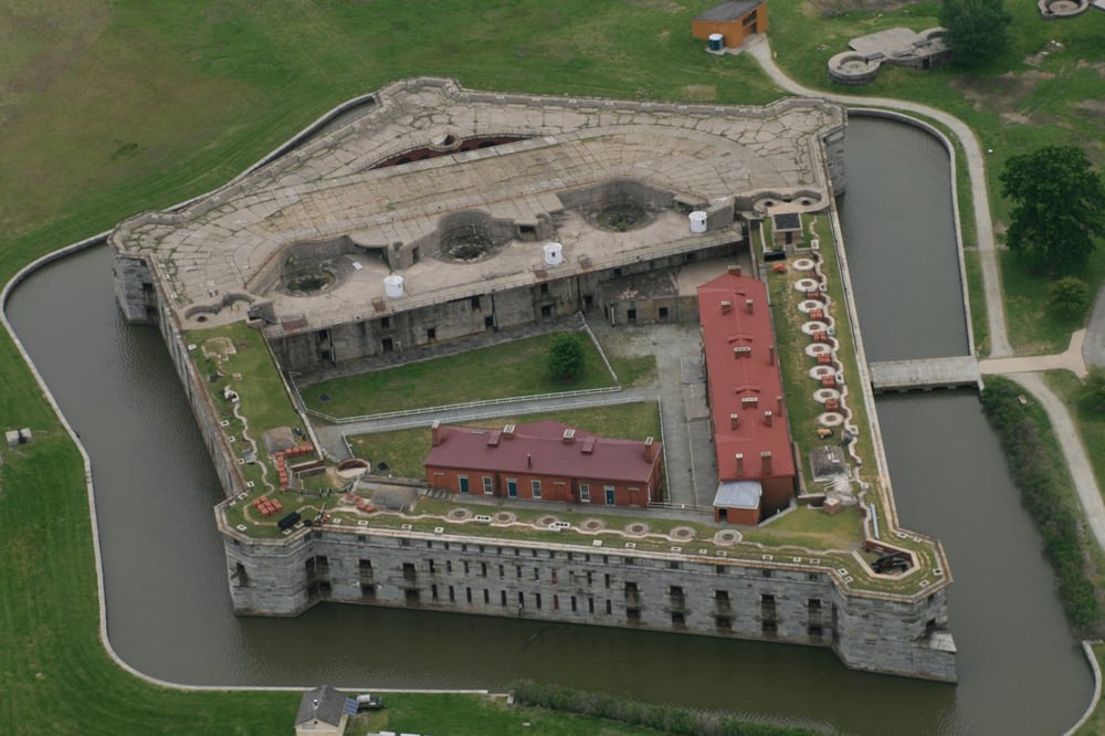 Aerial view of star-shaped Fort Delaware on Pea Patch Island in the Delaware River