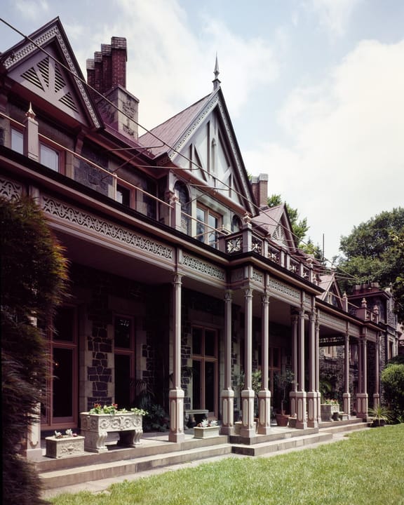 Rockwood Mansion in Wilmington Delaware, Rural Gothic Revival stone house exterior, daylight