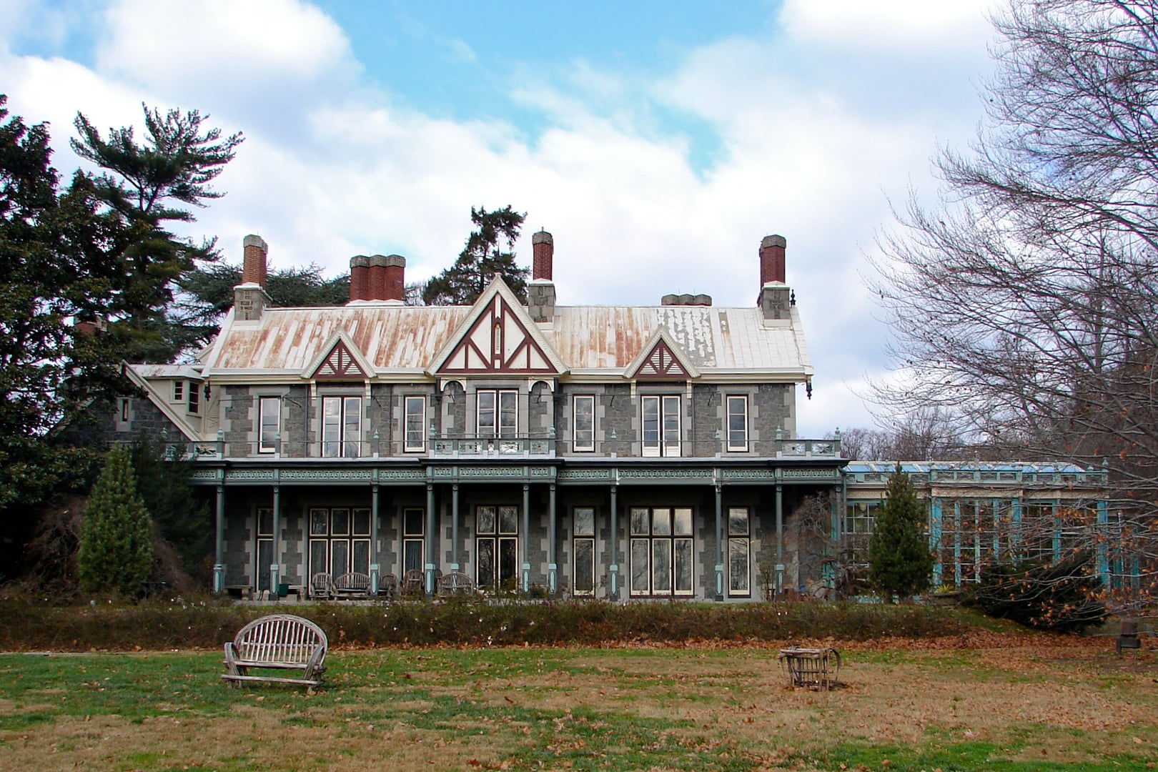 Rockwood Mansion in Wilmington Delaware, Rural Gothic Revival stone house exterior, daylight