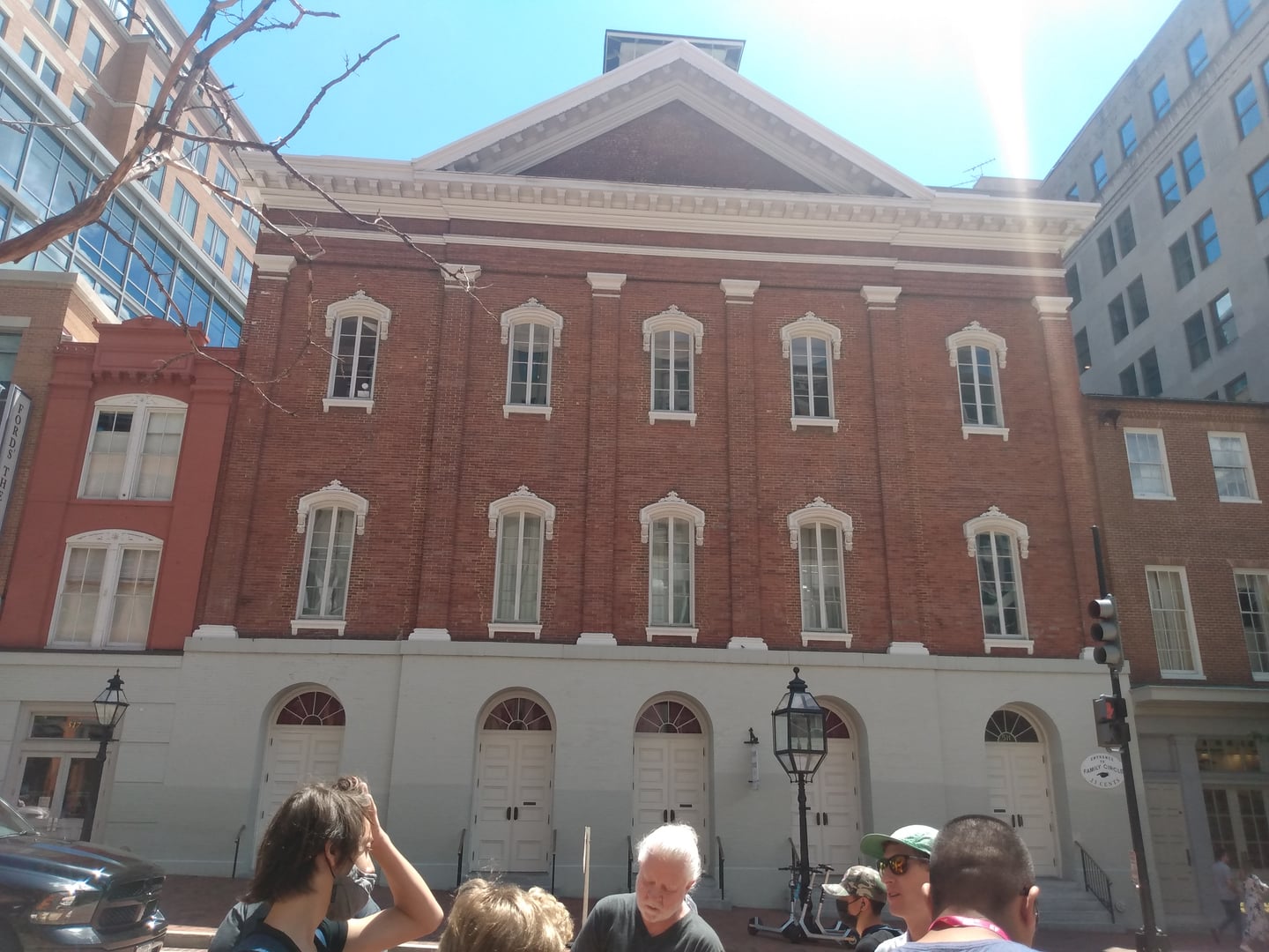 The brick facade of Ford's Theatre on 10th Street NW in downtown Washington, DC, where President Lincoln was assassinated in 1865.